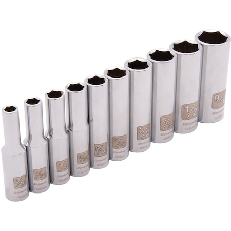 Dynamic Tools 1/4" Drive 10 Piece 6 Point, Deep SAE Socket Set, 3/16" - 9/16" D004001